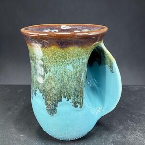 Neher Studio Pottery Hand Warmer Mug Right Handed Blue Green Drip Glaze Ceramic
